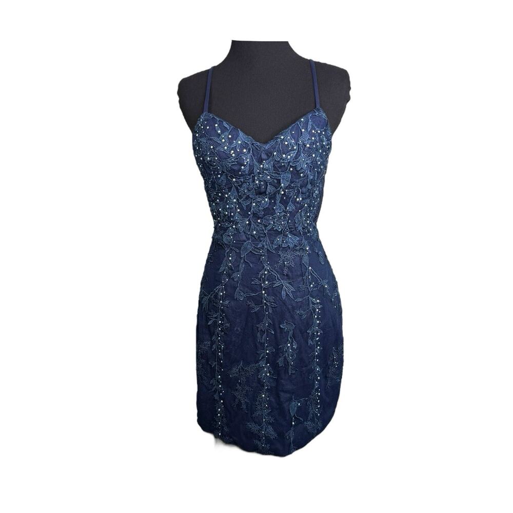 Blue Spaghetti Strap Appliqué Sequin Tie Back Fairy HOCO Prom Dress Sz 4 NWOT